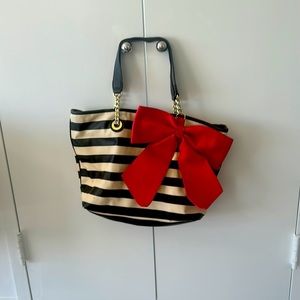 Trendy Betsy Johnson Red Bow Bag with Black + White Stripes